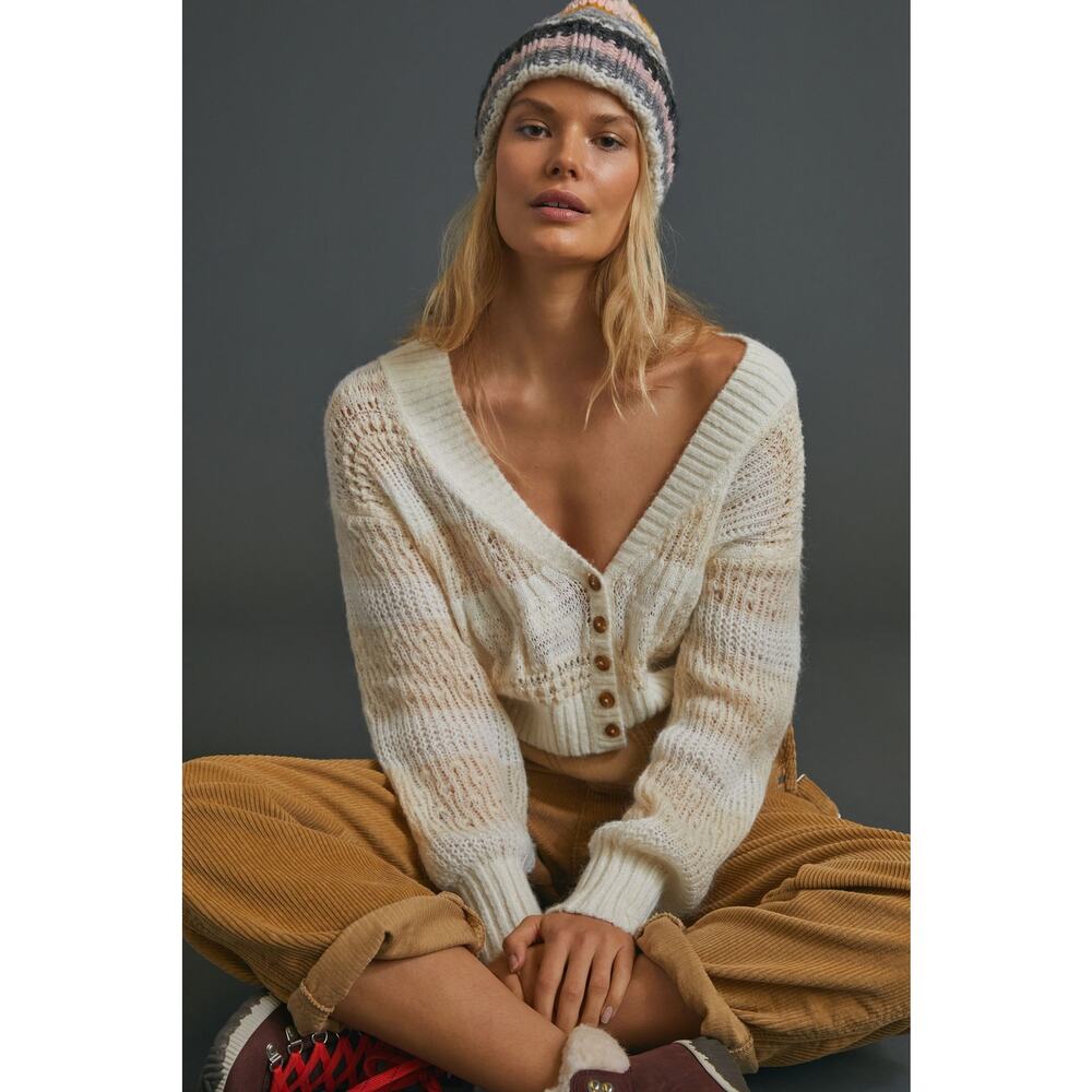 Anthropologie Pilcro Scarlette Pointelle Crop Cardigan Cream Softie Dollette